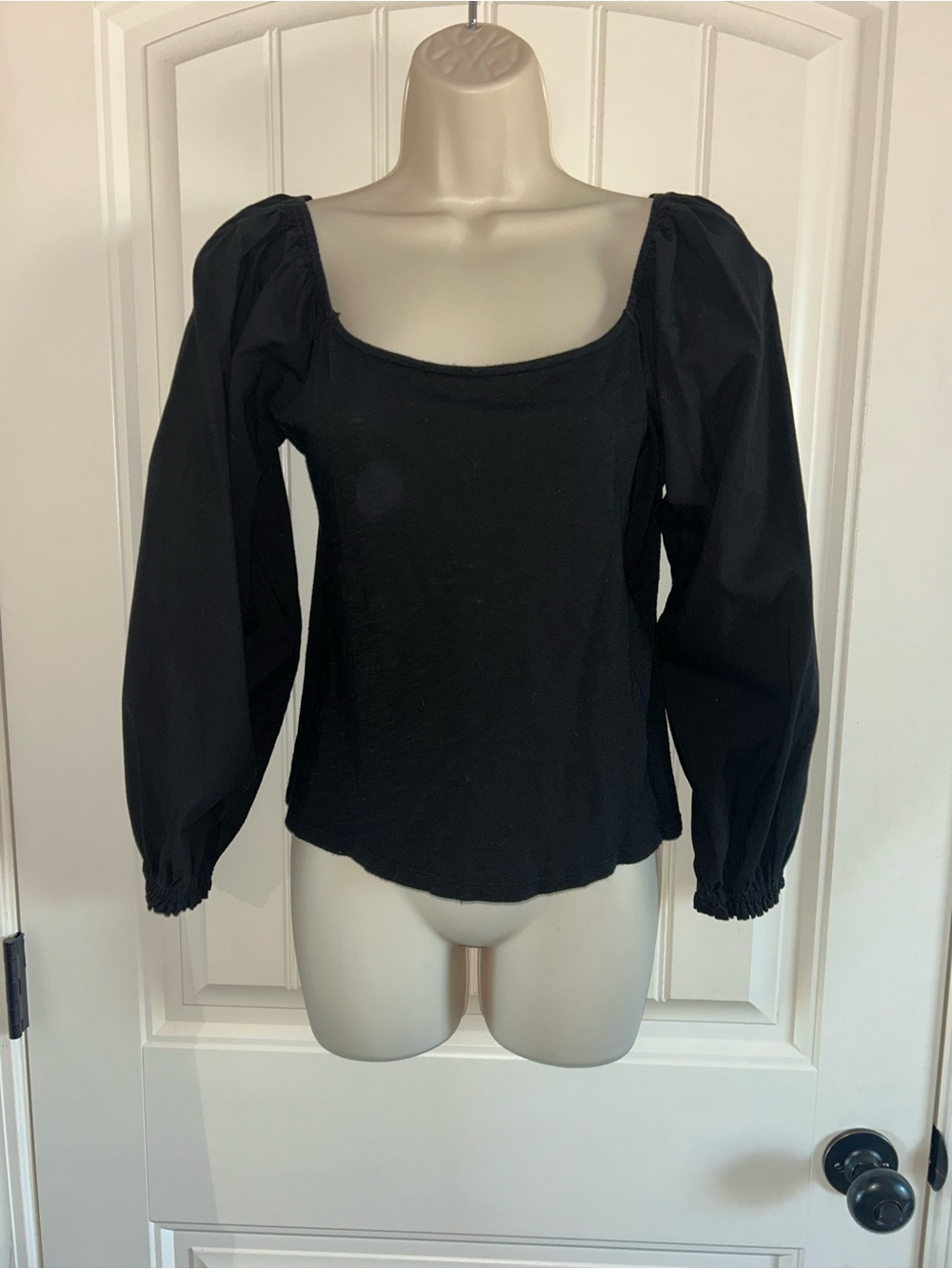 NWT Self Contrast Black Square-Neck Puff Sleeve Blouse Sz S